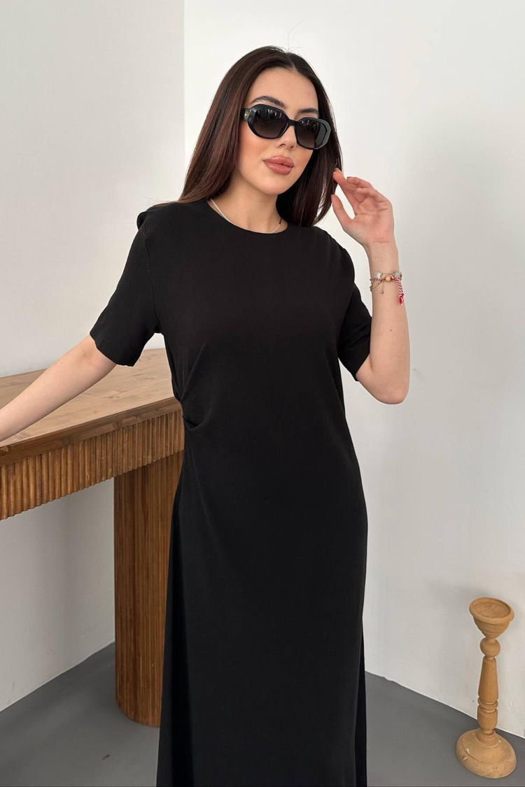 Black Pleated Crew Neck Dress