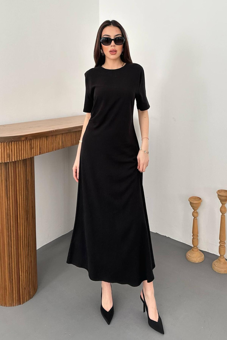 Black Pleated Crew Neck Dress