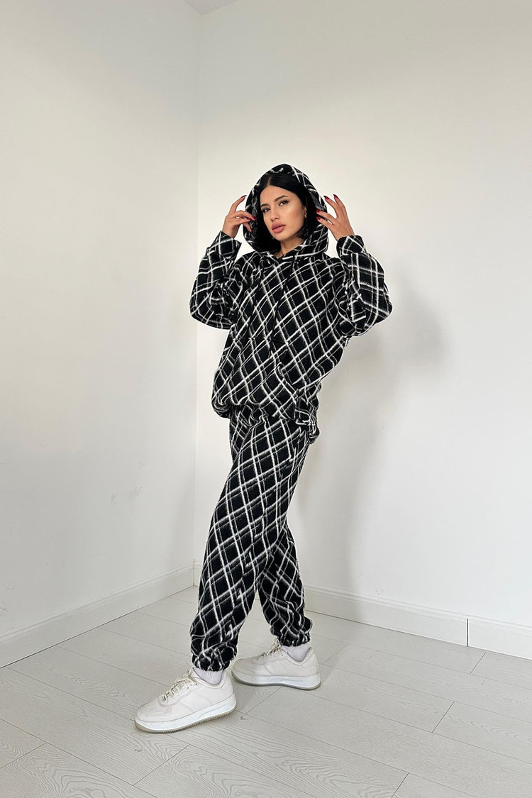 Toptan Siyah Polar Kapüşonlu Sweatshirt ve Pantolon Takım