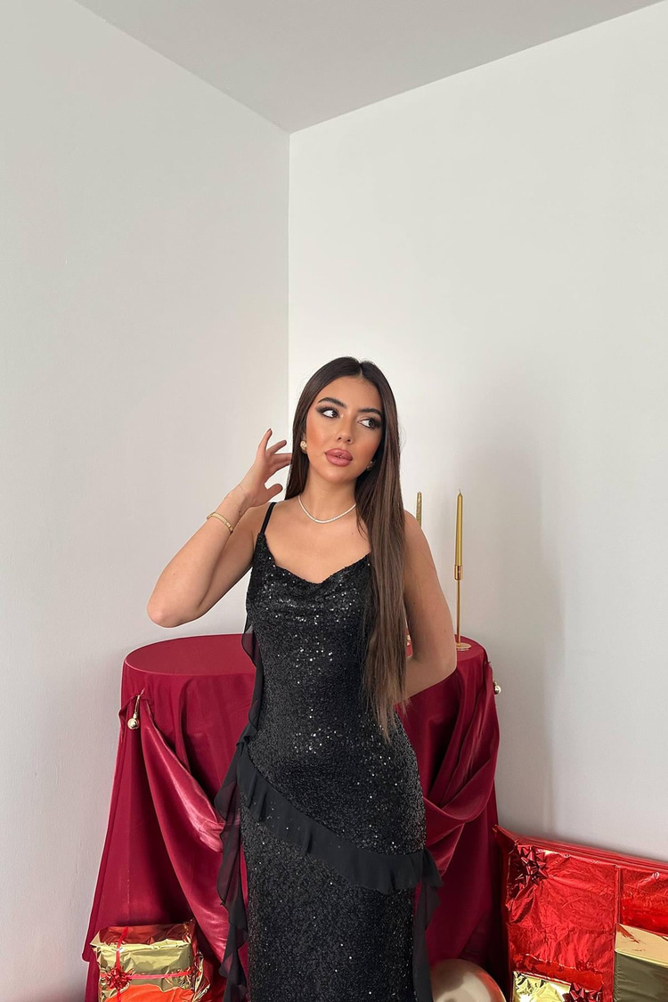 Black Sequin Chiffon Ruffled Dress