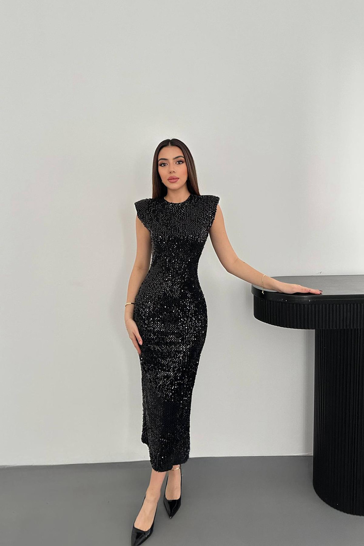 Siyah Pul Payetli Vatkalı Elbise
