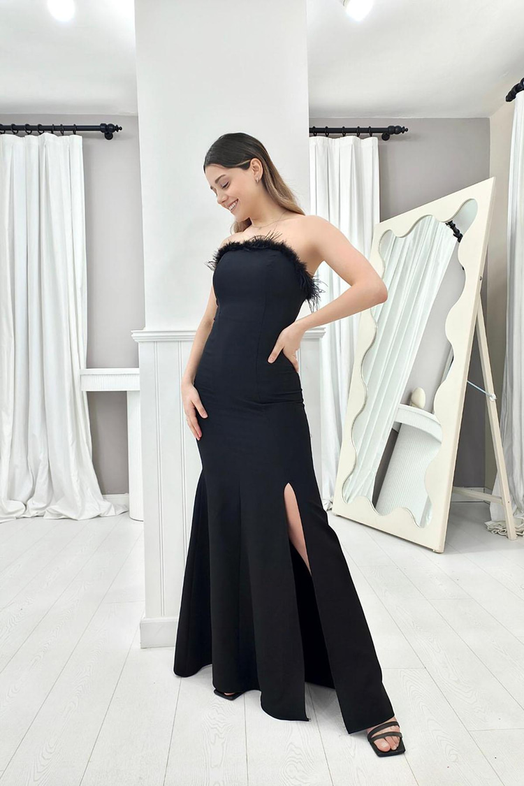 Black Strapless Neckline Feathered Evening Dress
