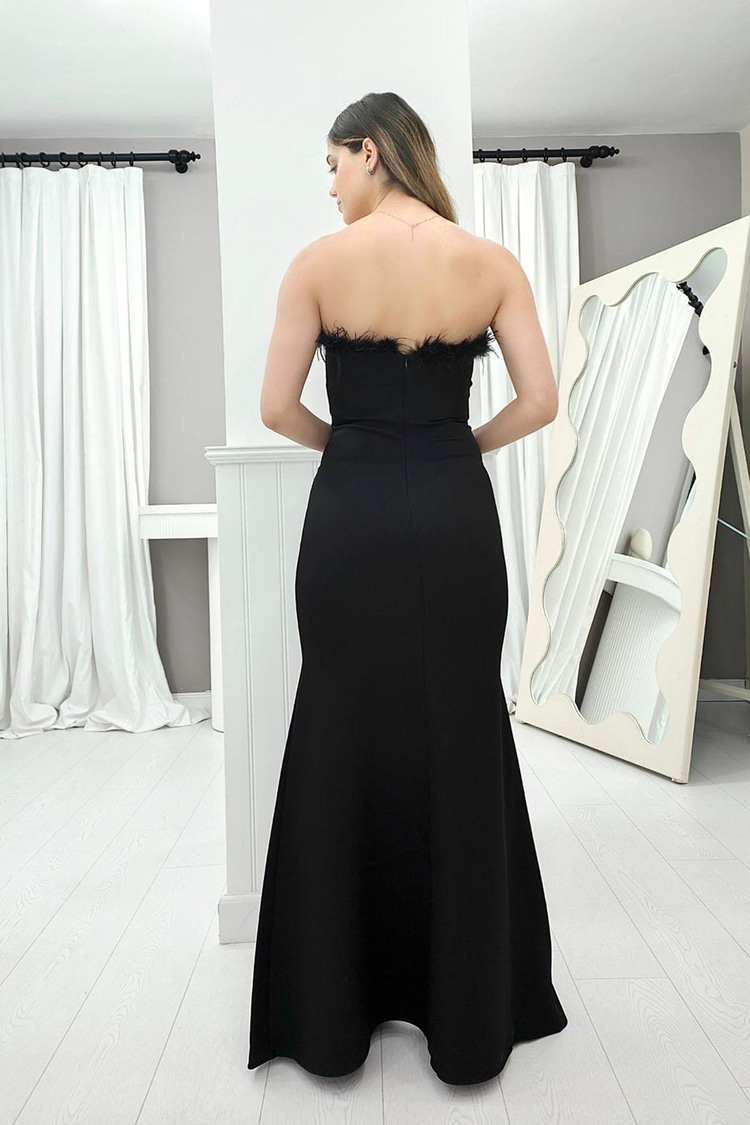 Black Strapless Neckline Feathered Evening Dress