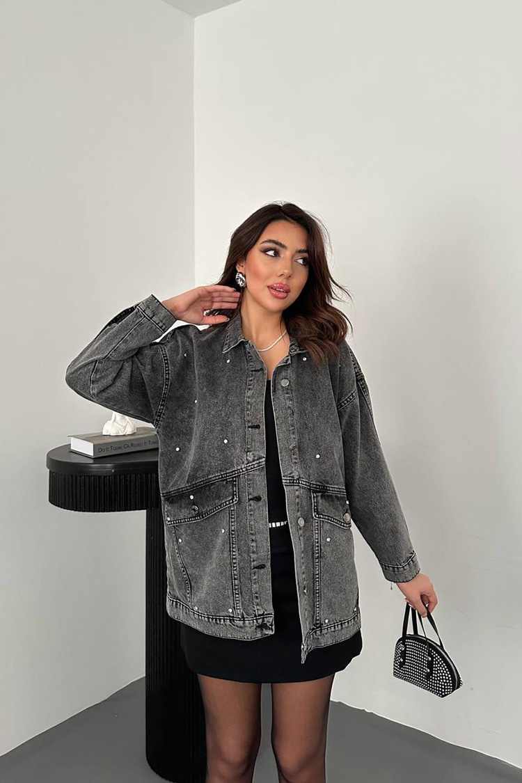 Black Denim Jacket With Stone Embellishments