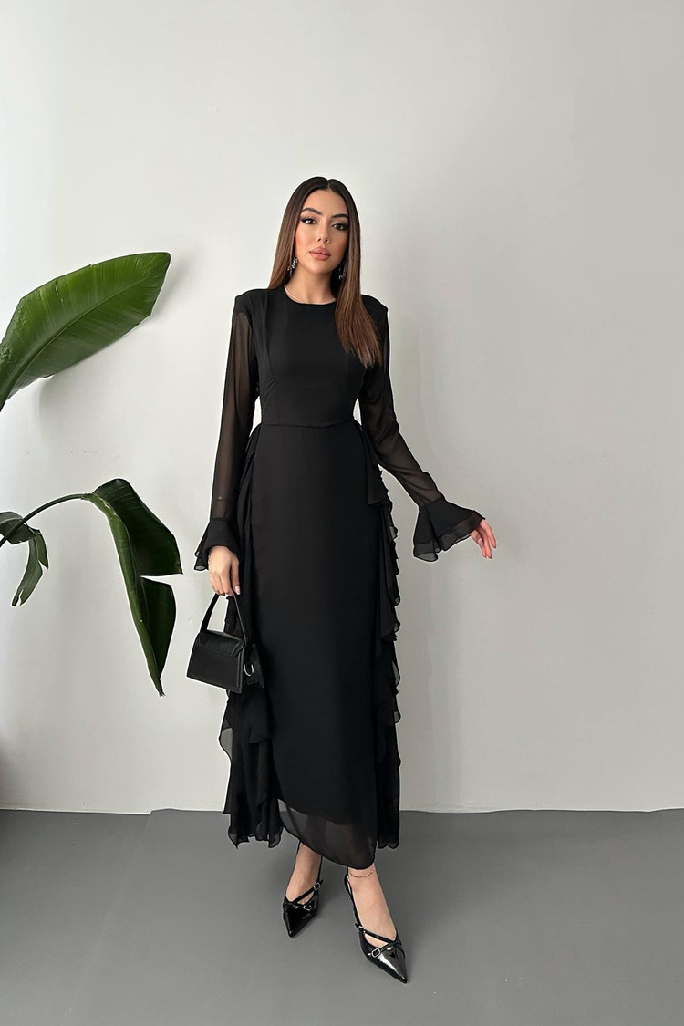 فستان شيفون أسود مكشكش بالجملة