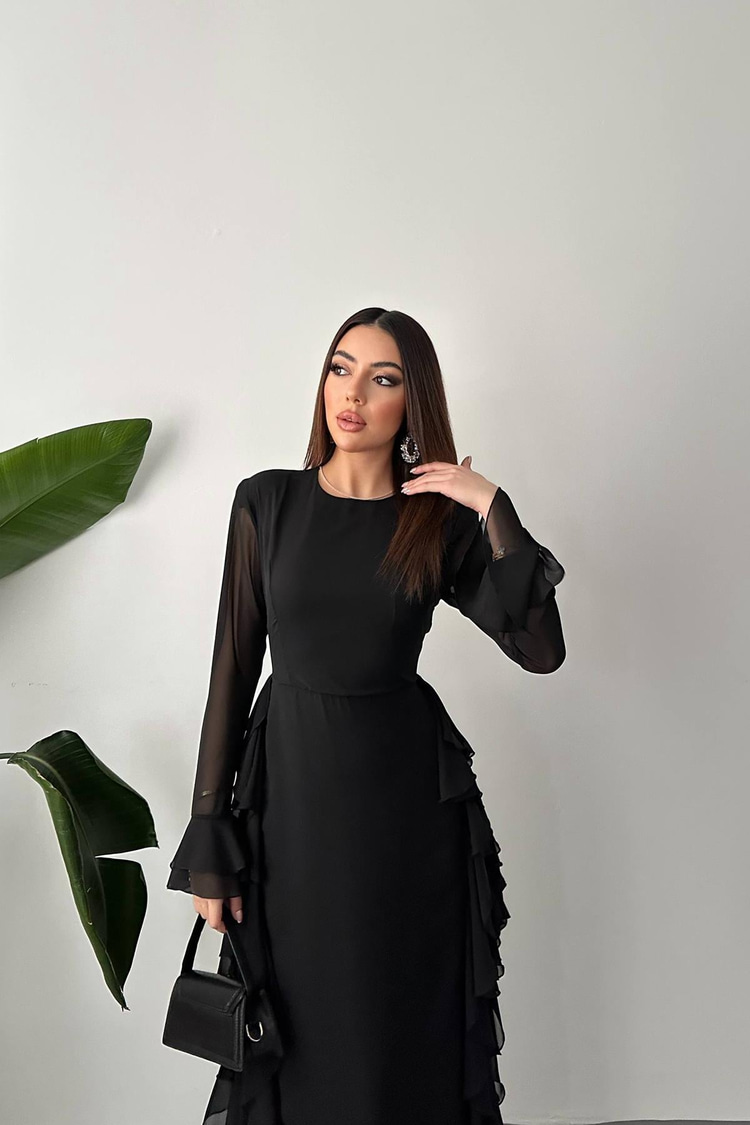 فستان شيفون أسود مكشكش بالجملة