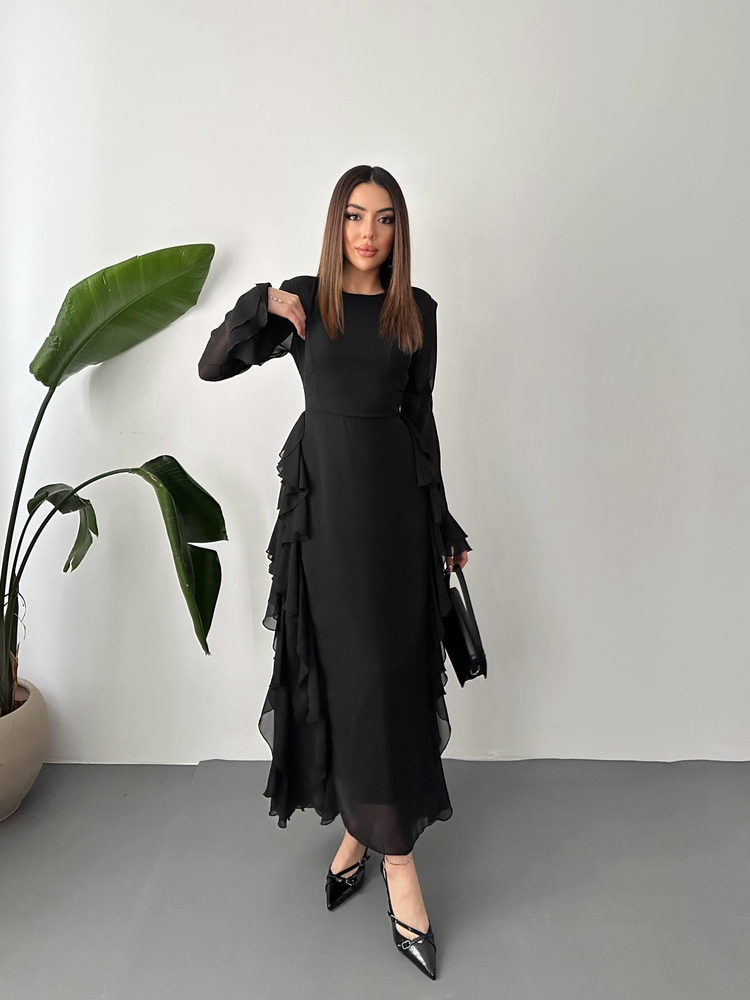 فستان شيفون أسود مكشكش بالجملة