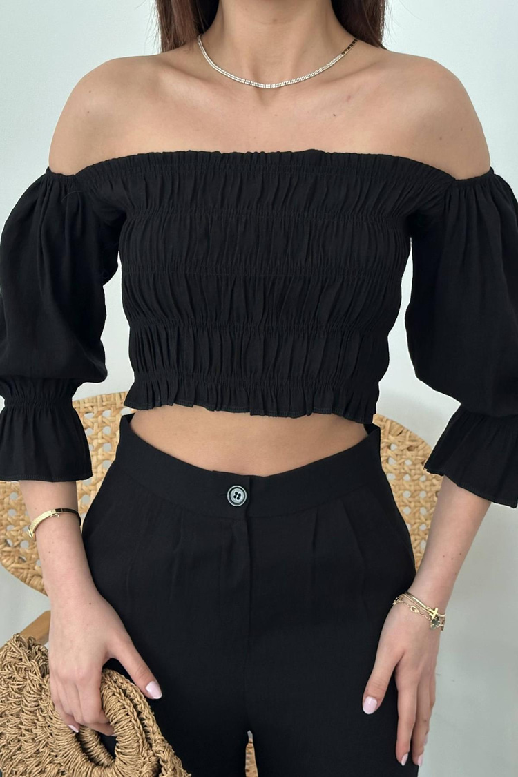 Black Collar Blouse And Pants Black