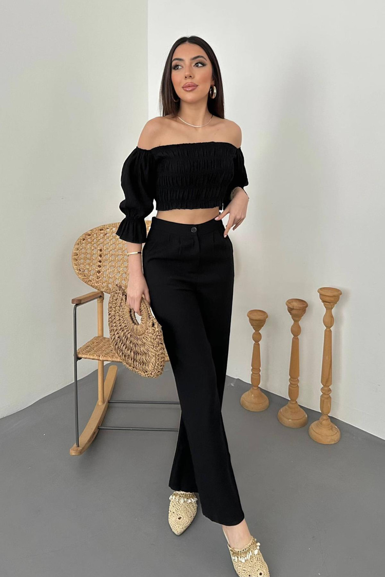 Black Collar Blouse And Pants Black