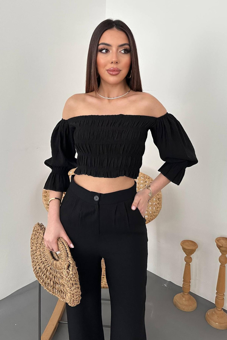 Black Collar Blouse And Pants Black