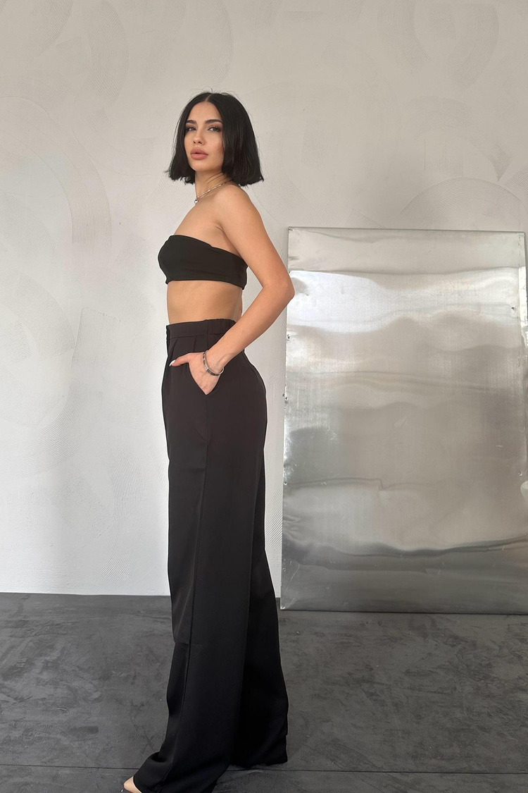 Siyah Yüksek Bel Wide Leg Pantolon