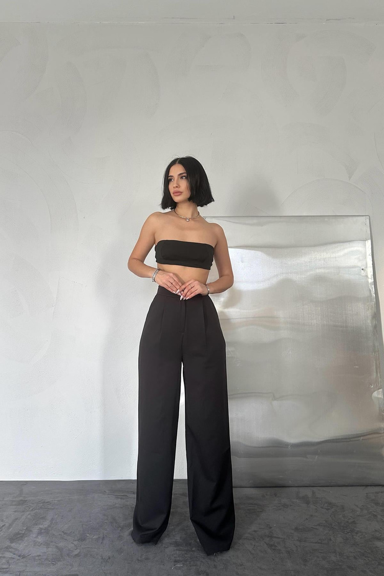Siyah Yüksek Bel Wide Leg Pantolon