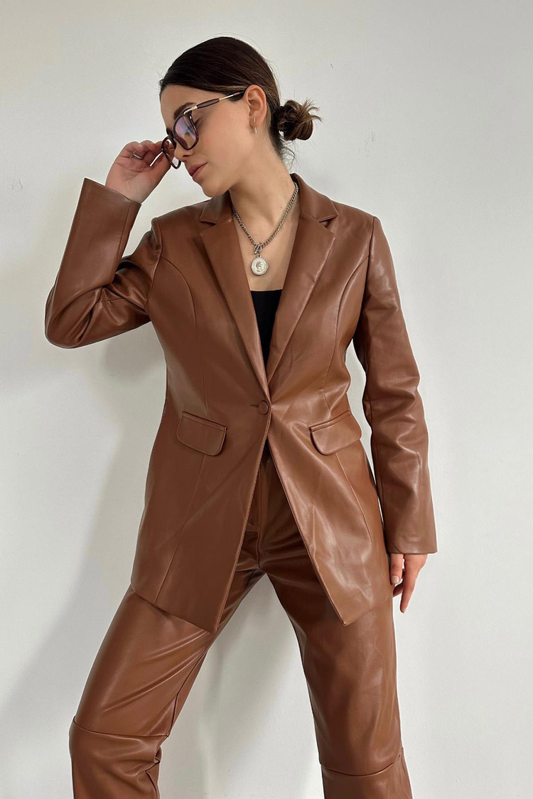 Tan Buttoned Leather Jacket