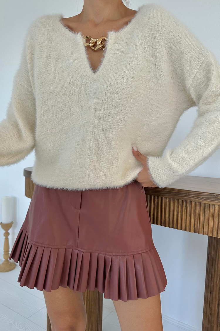 Stone Collar Chain Embellished Knit Sweater