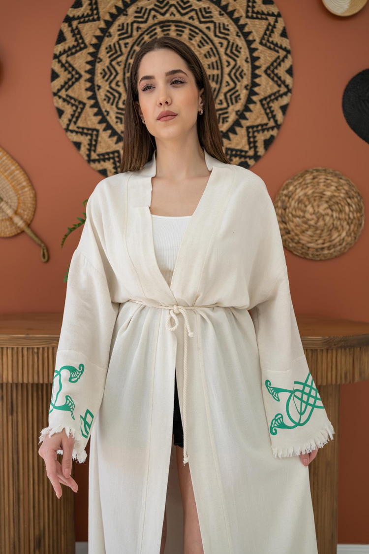 Green Print Detail Linen Cardigan