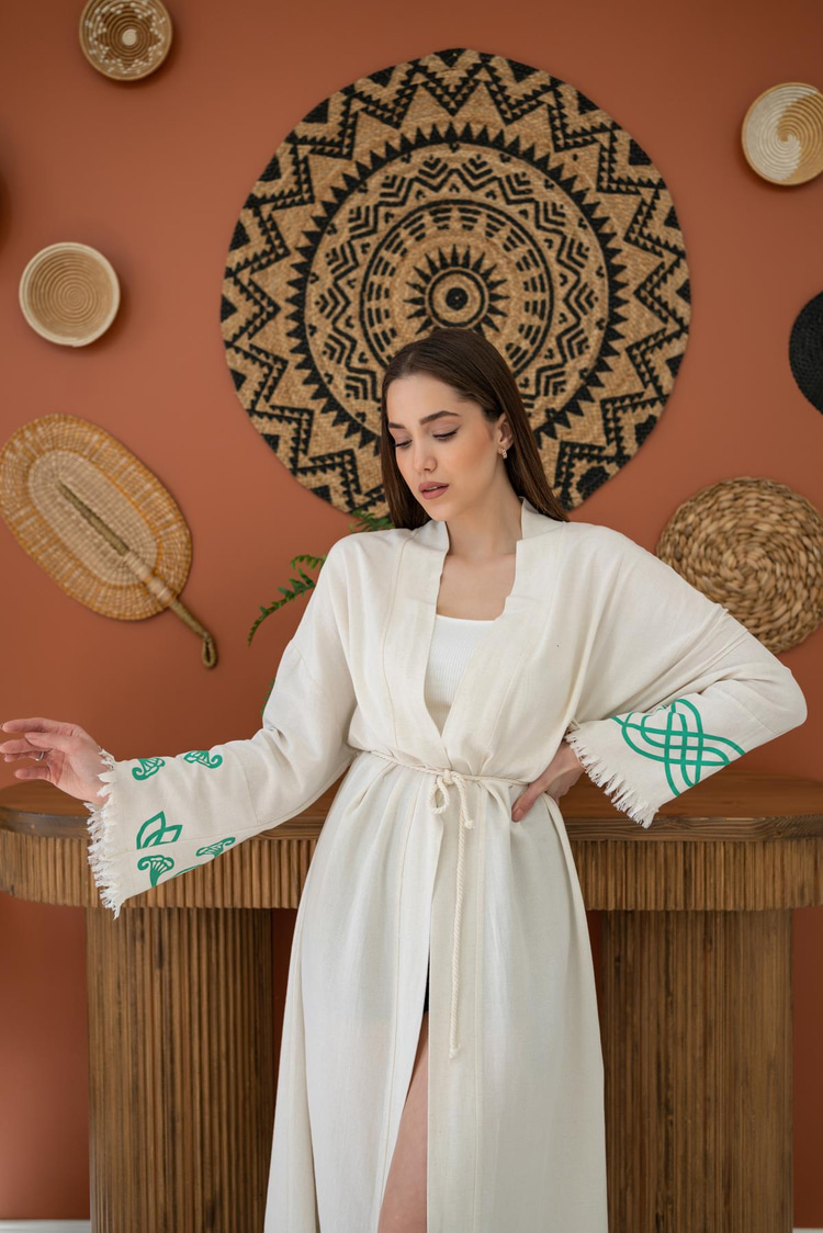 Green Print Detail Linen Cardigan