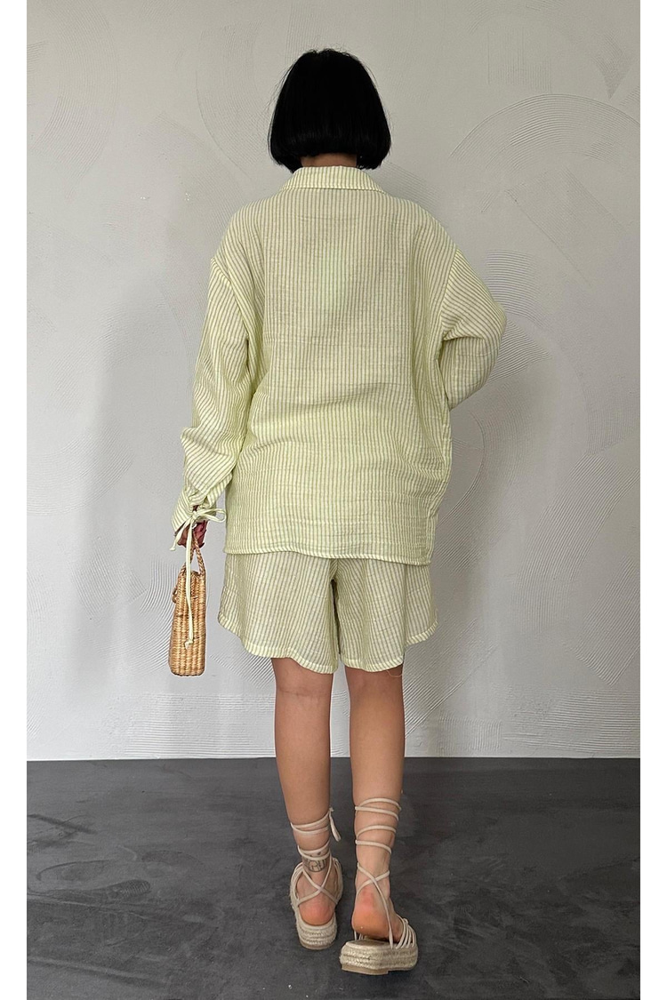 Green Striped Shirt And Shorts Set