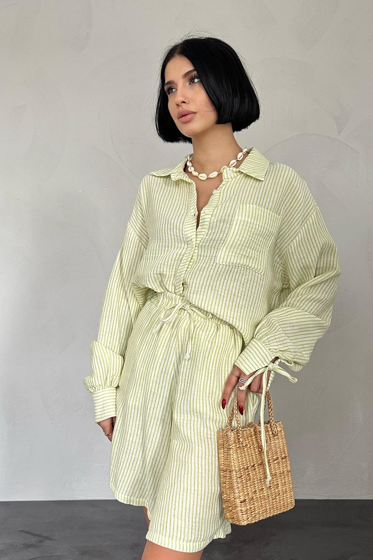 Green Striped Shirt And Shorts Set