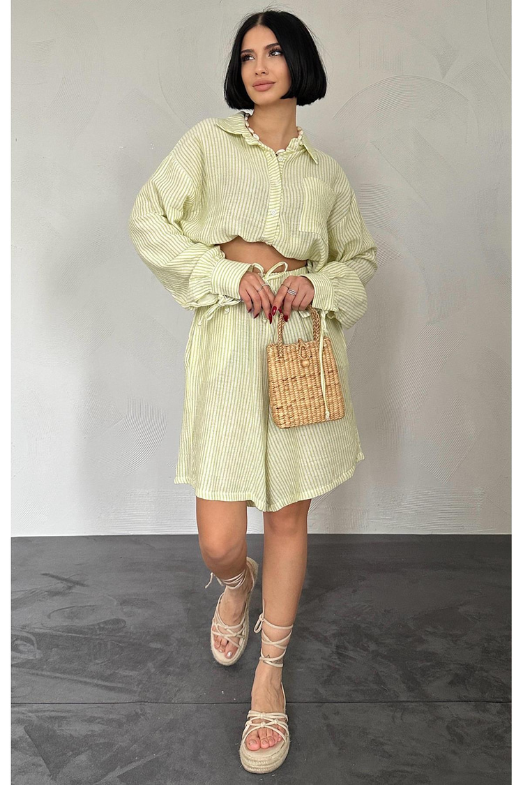 Green Striped Shirt And Shorts Set