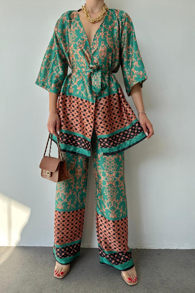 Yeşil Desenli Kimono Ve Pantolon Takım