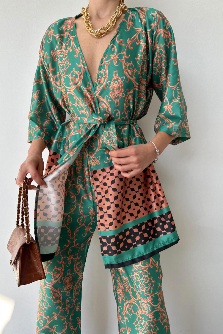 Yeşil Desenli Kimono Ve Pantolon Takım