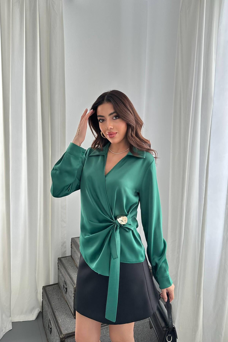 Green Button Detail Satin Blouse