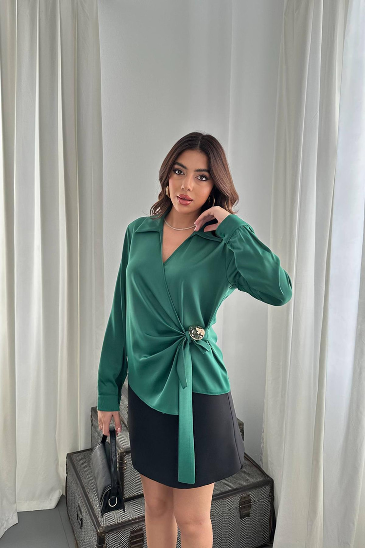 Green Button Detail Satin Blouse