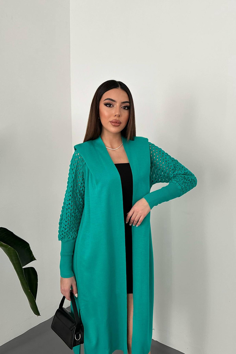 Yeşil Kolları Örgülü Triko Hırka