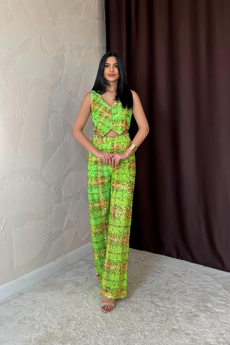 Green Sequined Vest And Pants Set
