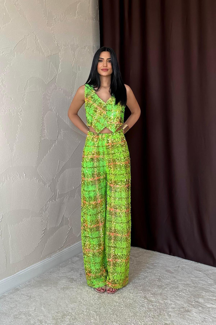 Green Sequined Vest And Pants Set