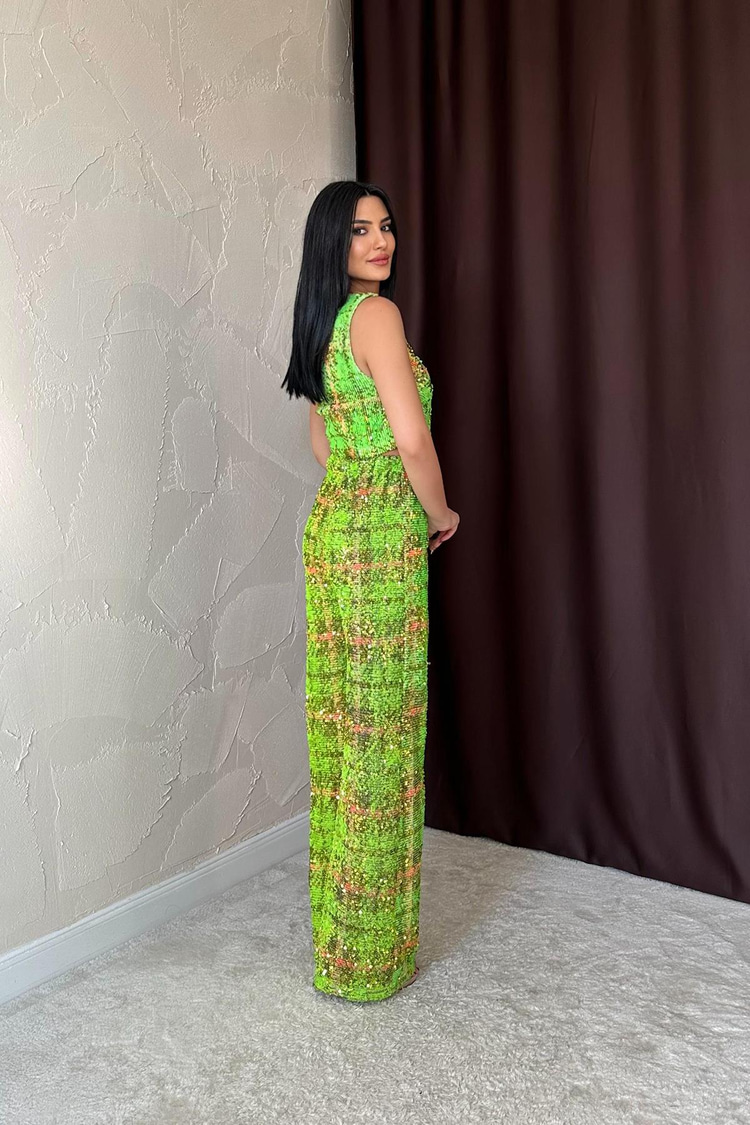 Green Sequined Vest And Pants Set