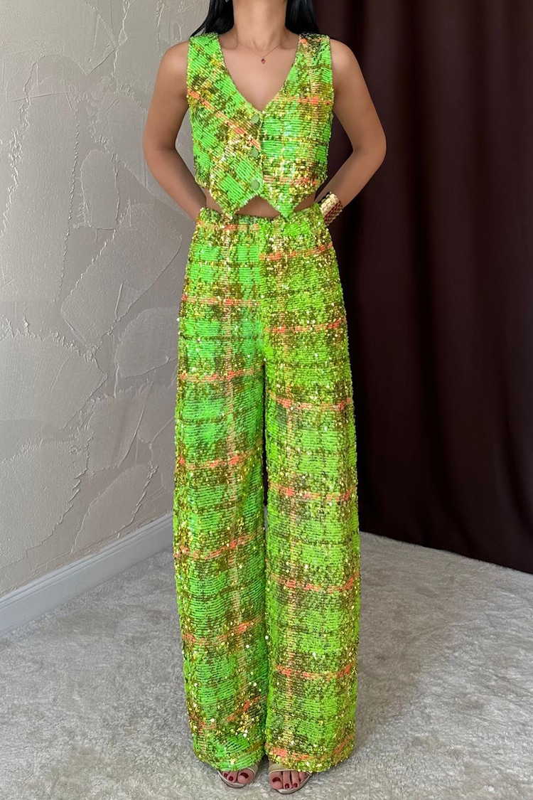 Green Sequined Vest And Pants Set