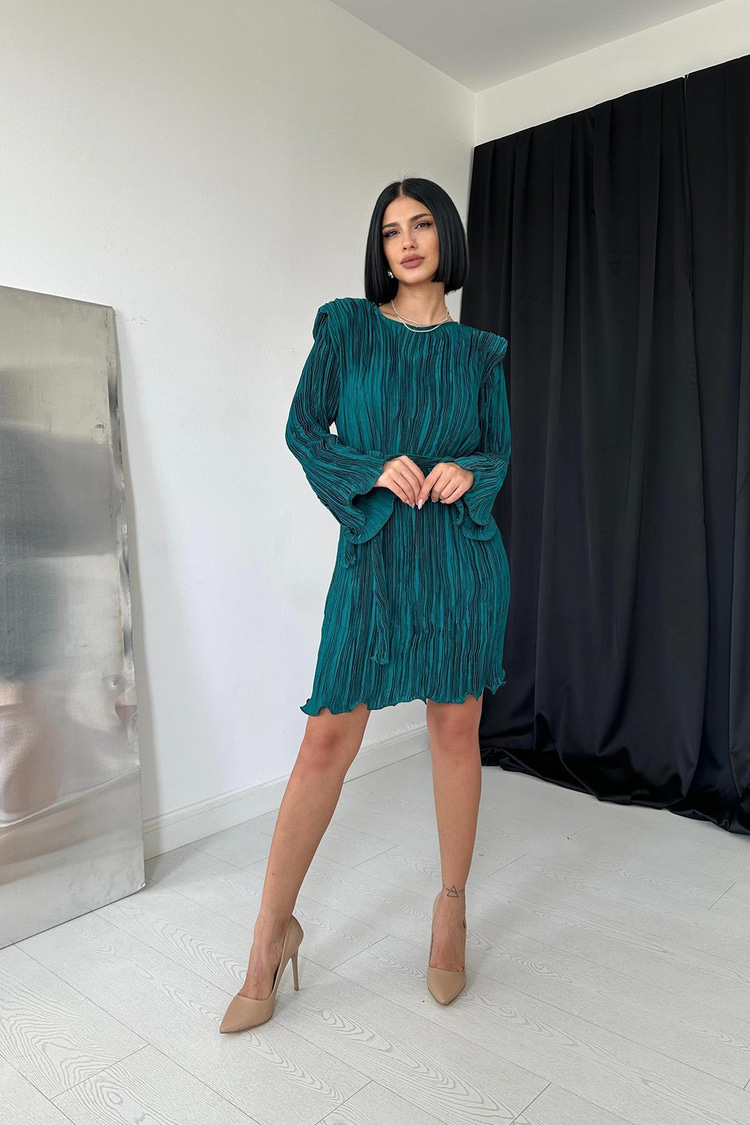 Emerald Satin Pleated Dress