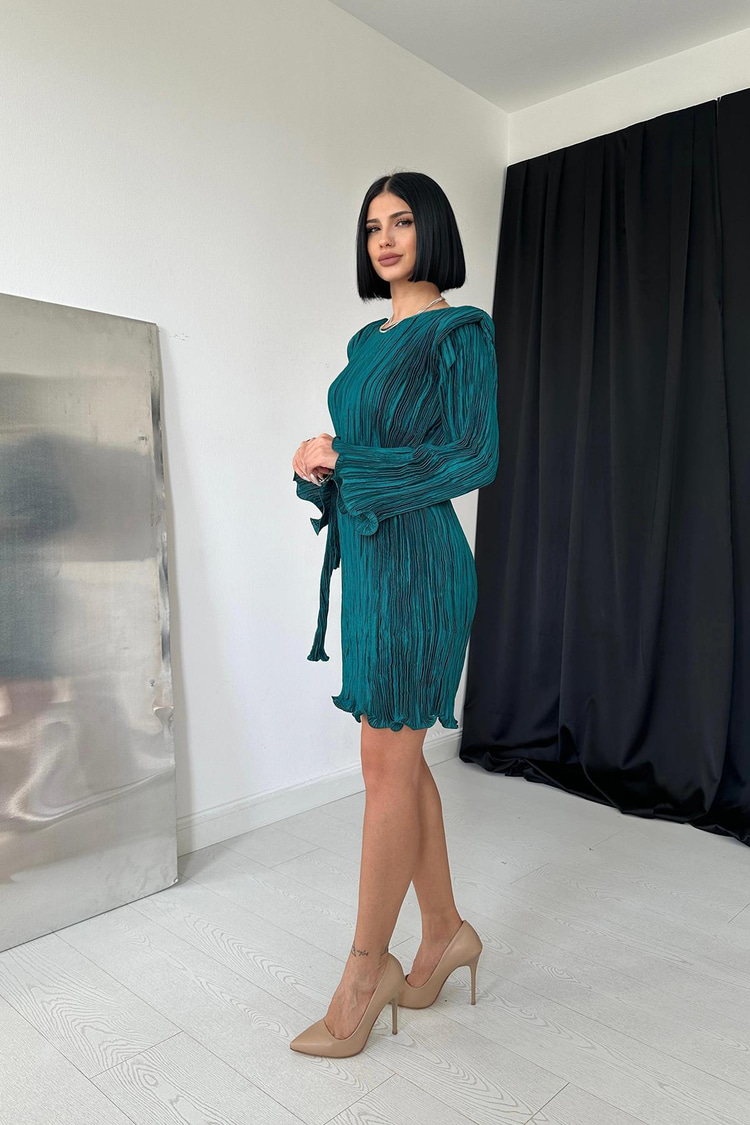 Emerald Satin Pleated Dress