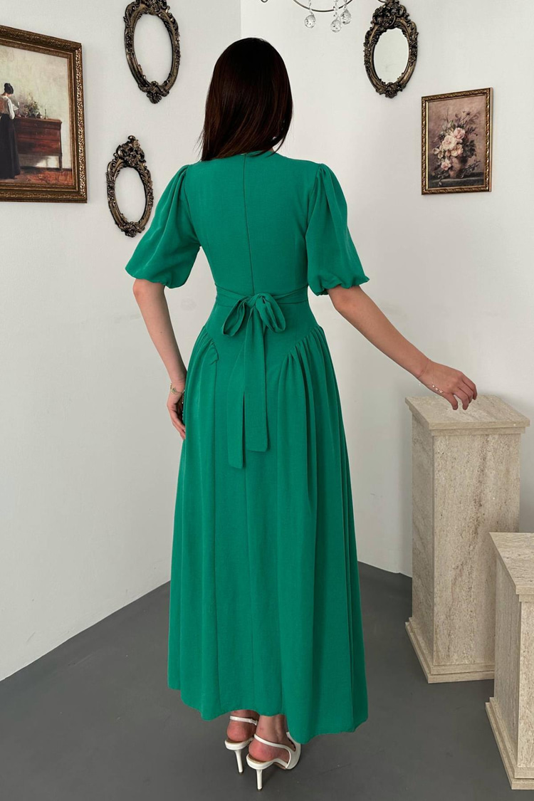 Green Back-Tie Gathered Linen Dress