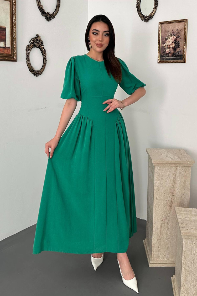 Green Back-Tie Gathered Linen Dress