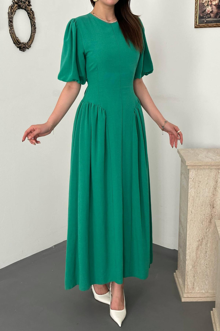 Green Back-Tie Gathered Linen Dress