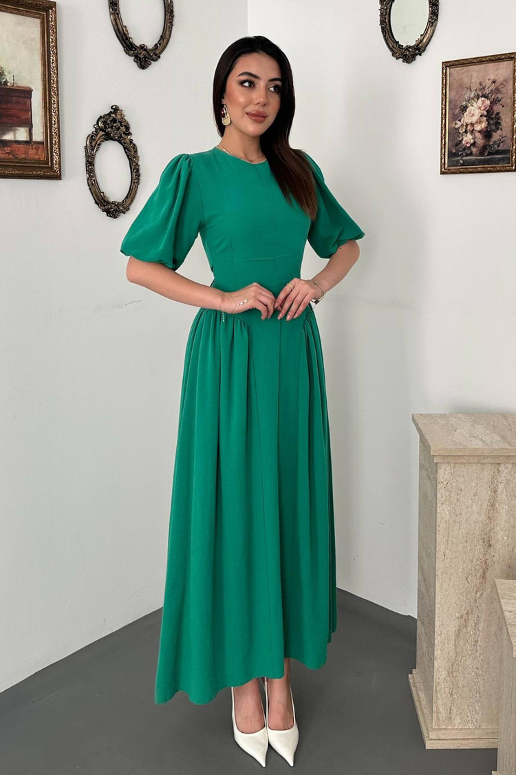 Green Back-Tie Gathered Linen Dress