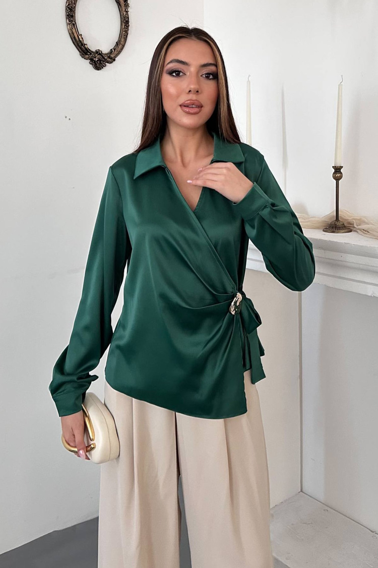 Emerald Button Detail Satin Blouse