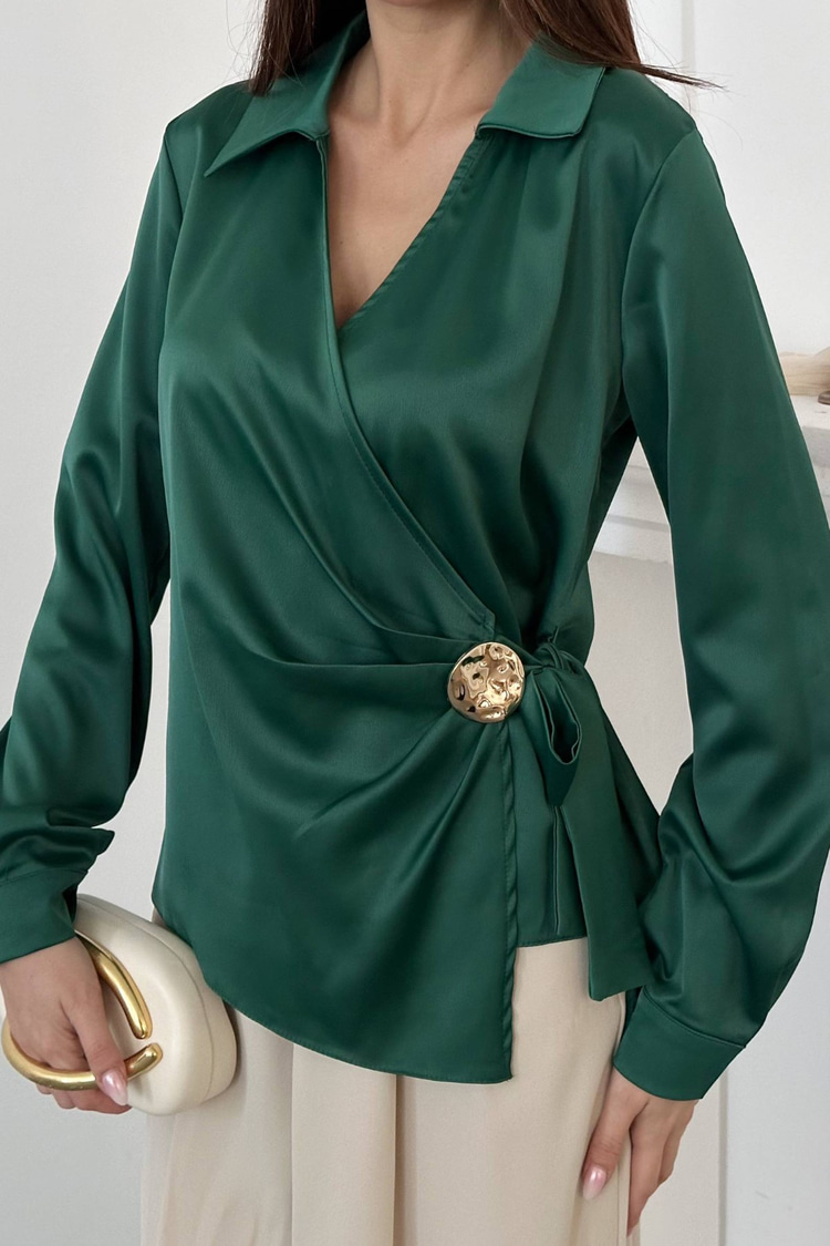 Emerald Button Detail Satin Blouse