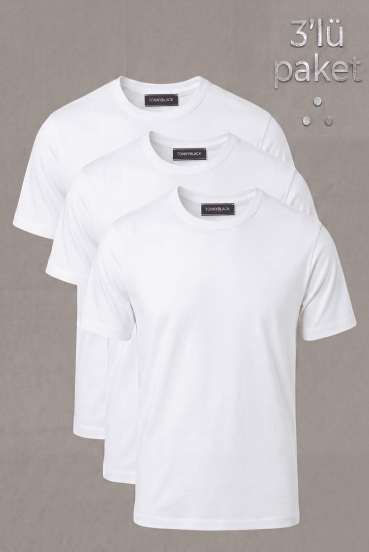 3'Lü Paket %100 Pamuk Beyaz T-Shirt Erkek Beyaz T-Shirt TBTSHRT100