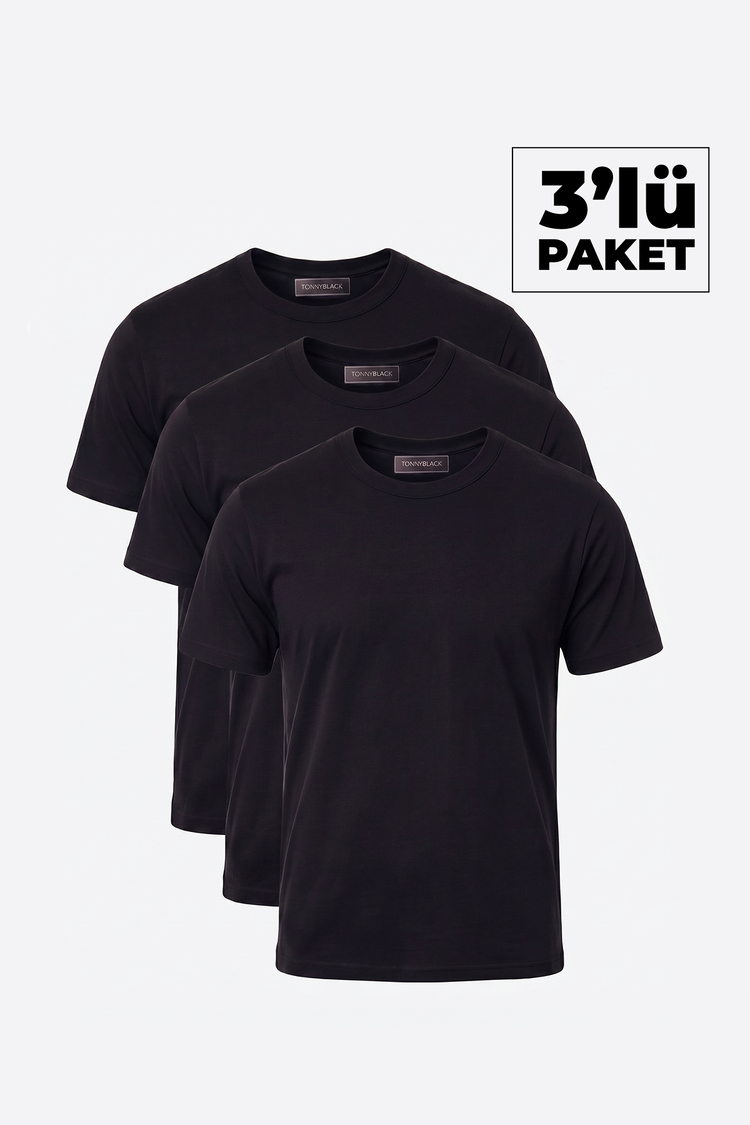 3'Lü Paket %100 Pamuk Siyah T-Shirt Erkek Siyah T-Shirt TBTSHRT110