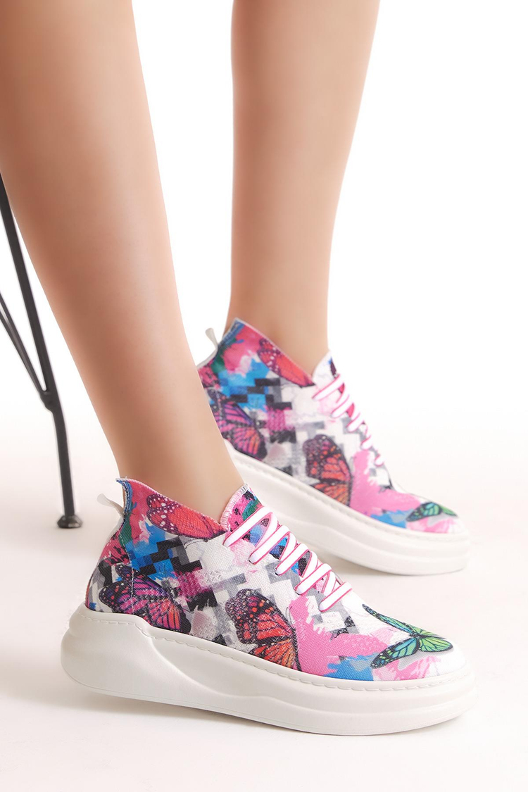 Kadın Beyaz Pembe Rahat Kalıp Bağcıklı Sneaker