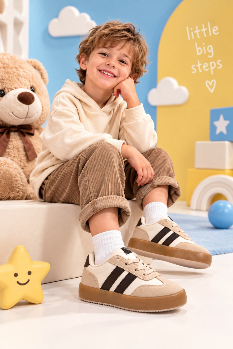 Microlight Taban Rahat Bağcıklı Sneaker Çocuk Unisex Bej Kahve Sneaker TBTMKD080