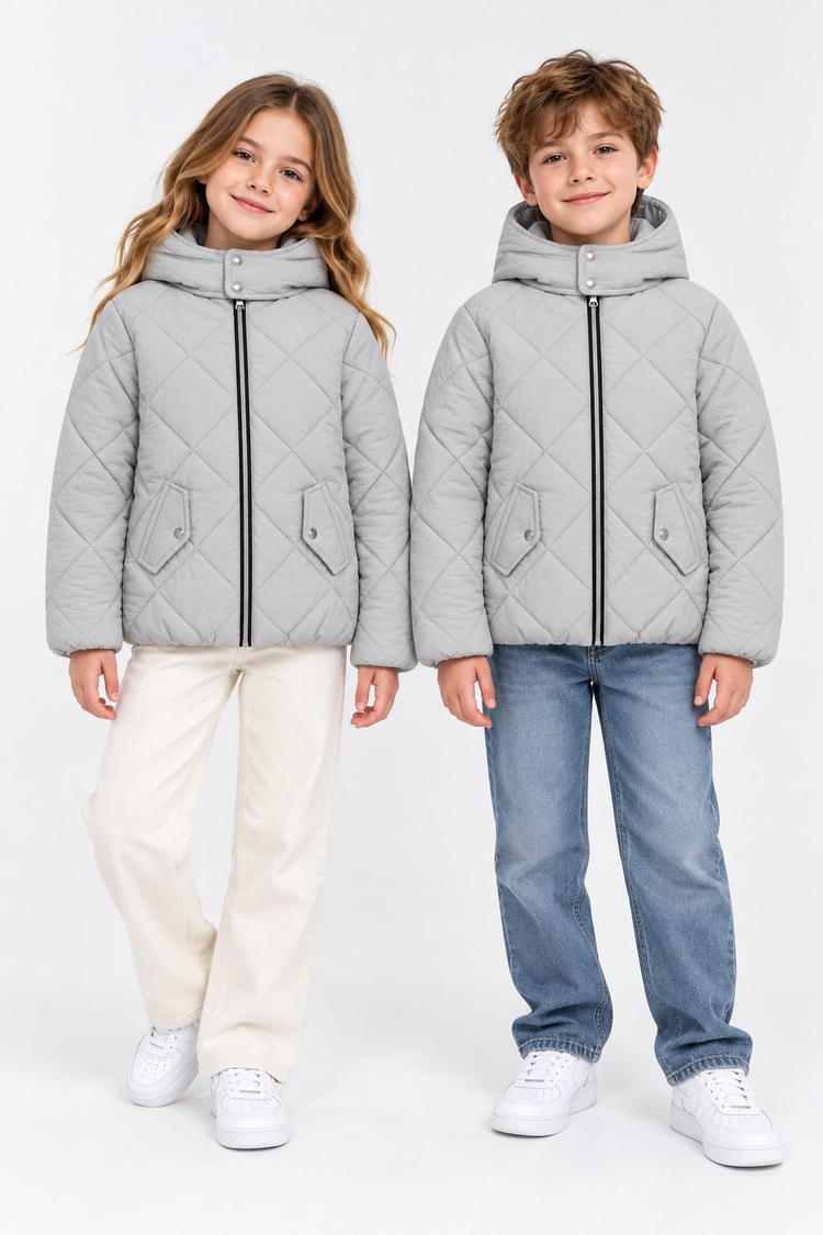Normal Kalıp Baklava Detaylı Kapüşonlu Mont Çocuk Unisex Gri Mont TBDRV015-1A