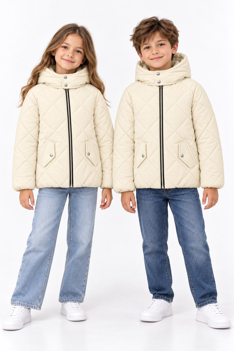 Normal Kalıp Baklava Detaylı Kapüşonlu Mont Çocuk Unisex Krem Mont TBDRV015-1A