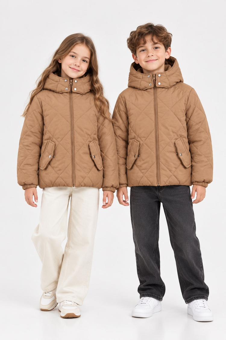 Normal Kalıp Baklava Detaylı Kapüşonlu Mont Çocuk Unisex Vizon Mont TBDRV015-1A