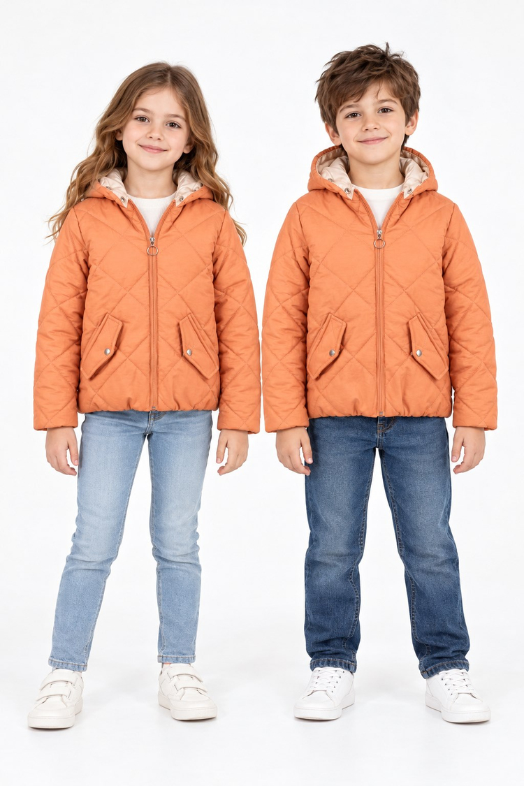 Normal Kalıp Baklava Detaylı Kapüşonlu Mont Çocuk Unisex Turuncu Mont TBDRV015-1A