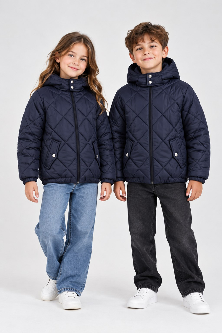 Normal Kalıp Baklava Detaylı Kapüşonlu Mont Çocuk Unisex Lacivert Mont TBDRV015-1A