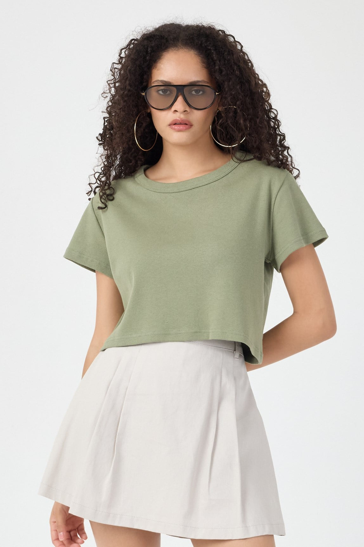 Normal Kalıp Çelik Interlook Kumaş T-Shirt Kadın Yeşil T-sHİRT TBTSHRT030